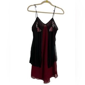L22 BLACK & RED FLORAL EMBROIDERED LACE SLIP DRESS- MEDIUM- lingerie